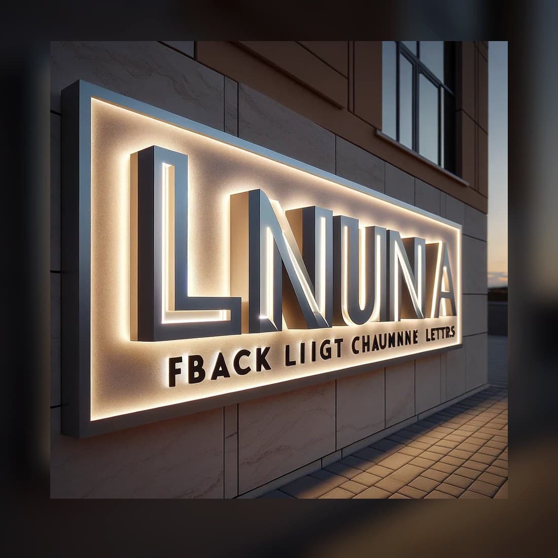 Real backlit wall sign with warm halo lighting on a dark exterior
