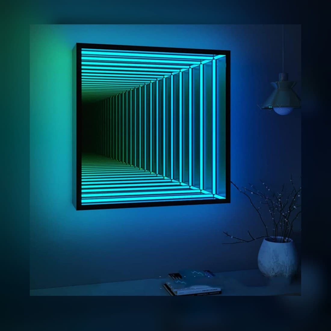 Real green infinity mirror sign with layered tunnel lighting