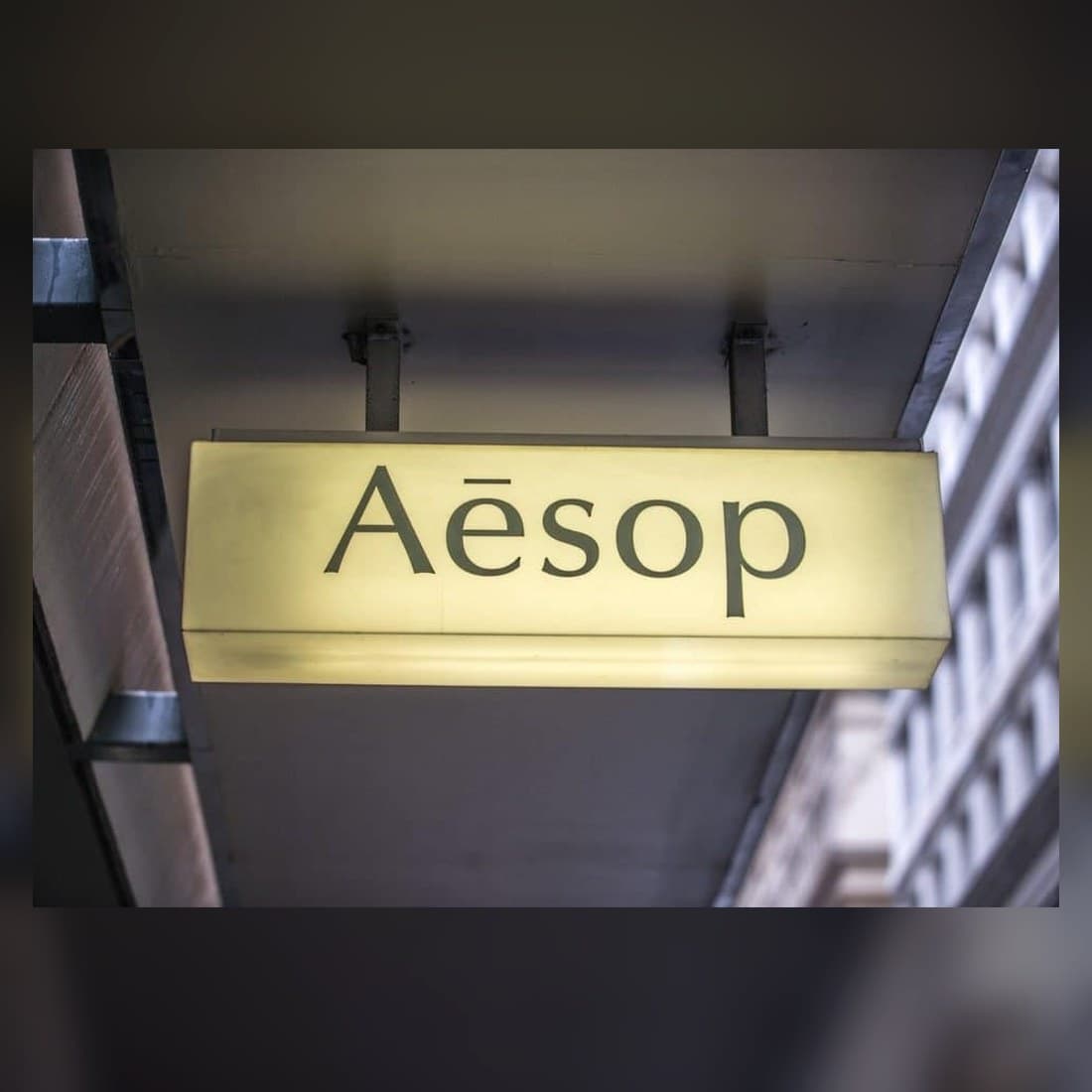 Real illuminated Aesop lightbox sign hanging outside a storefront