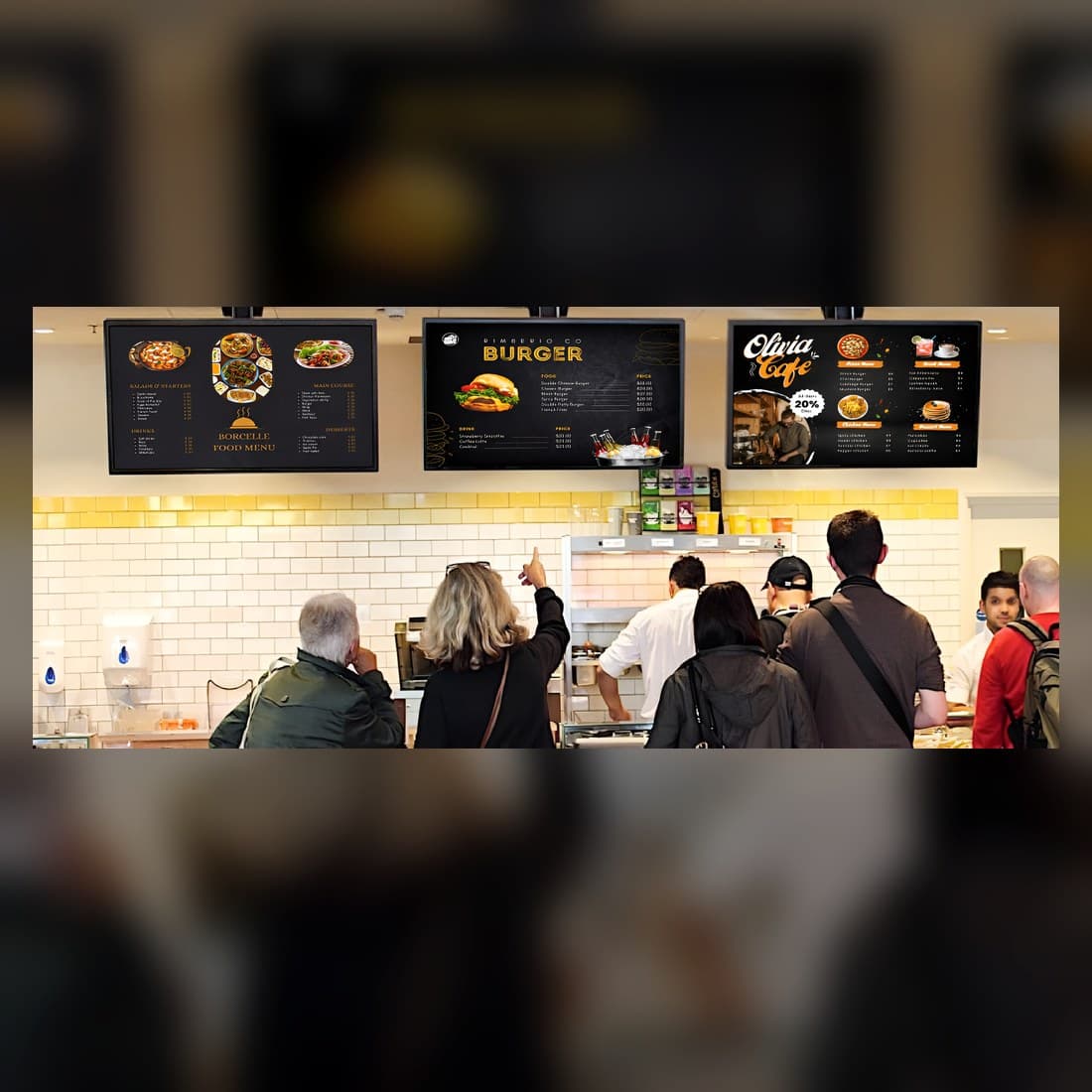 Real menu board sign system behind a counter service area