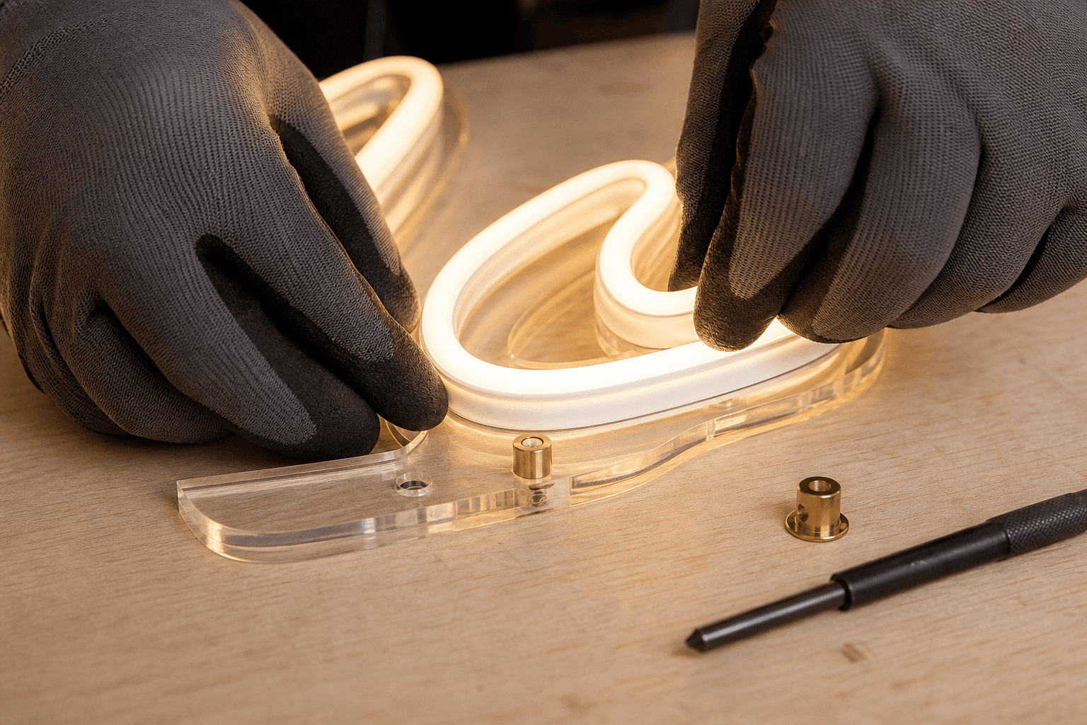 Close-up of LED neon tubing being fitted to clear acrylic